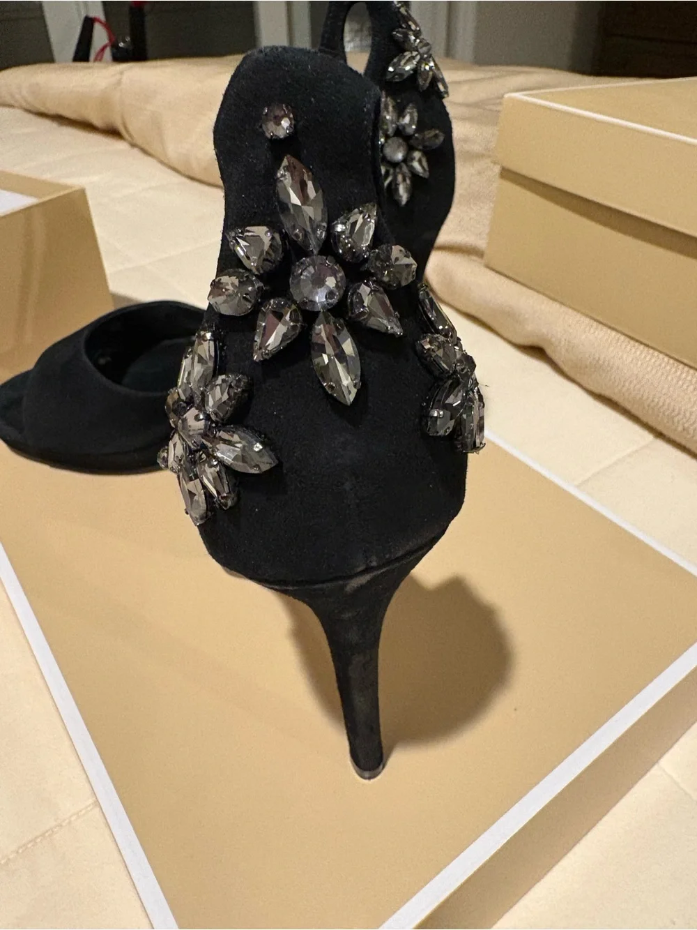Michael Kors Black Suede Open-Toe Crystal Heel Sandals